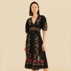 Farm Rio Black Cross Stitch V-Neck Linen Blend Dress NWT